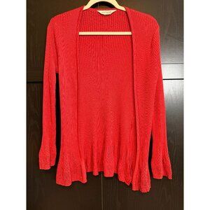 Misook Women's Ribbed Coral Red Flare Long Sleeve Cardigan Sweater Medium Preppy